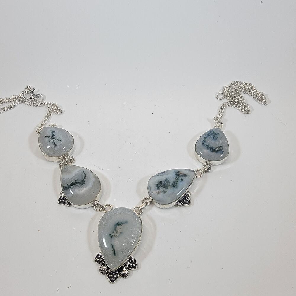 Handmade Silver Necklace with Dendritic Agate Stones Artisan Gemstone Jewelry